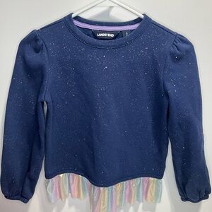 Lands' End Girls Sparkly Navy Sweatshirt with Rainbow Trim